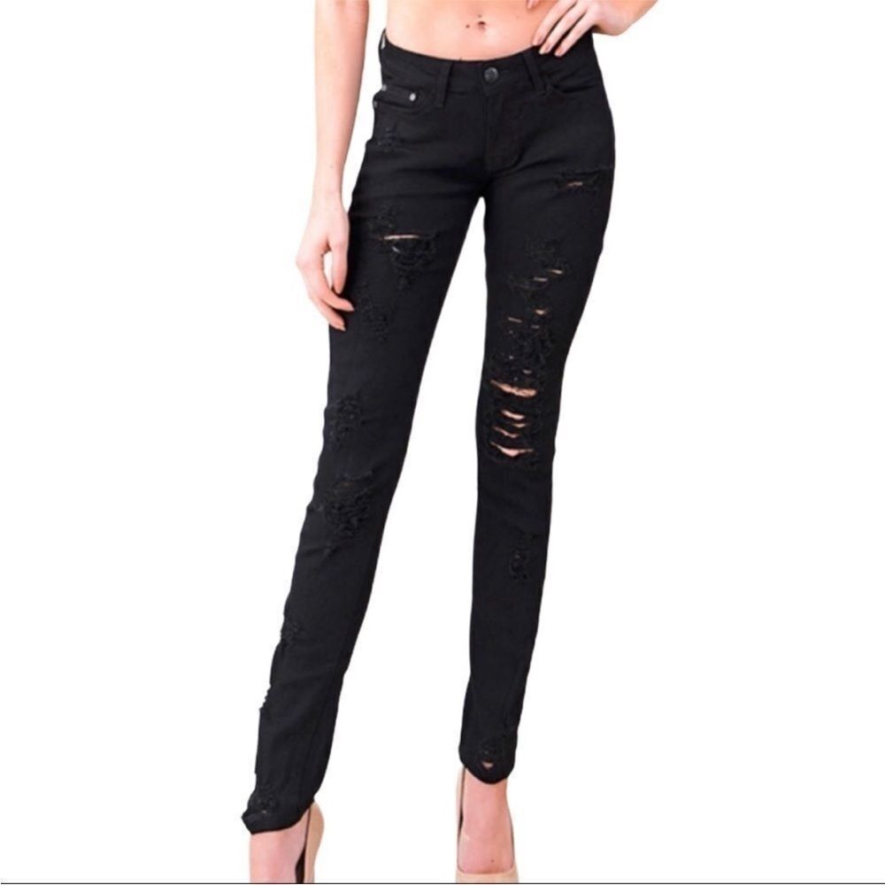 Black Ripped Super Stretch Skinny Jeans Junior Cut Plus Size NEW